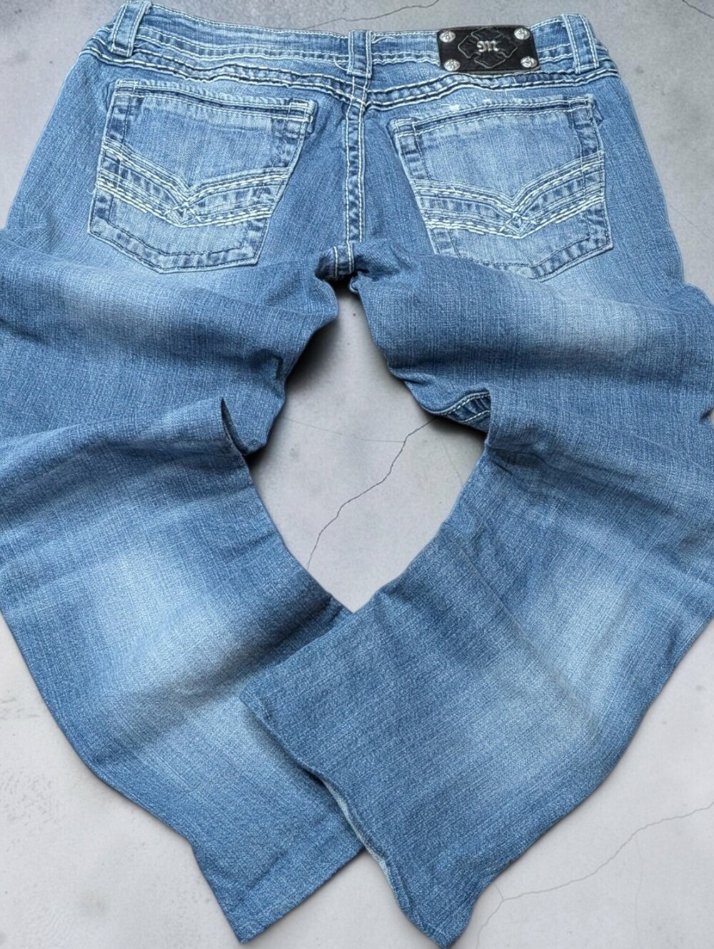 Y2K Miss Me Low Rise Flare Jeans 32W Bootcut McBling Grunge 2000 Core Distressed